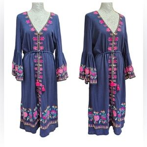 FIGUE Blue Cotton V-Neck Bell Sleeve Button Up Midi Dress Bohemian Princess L